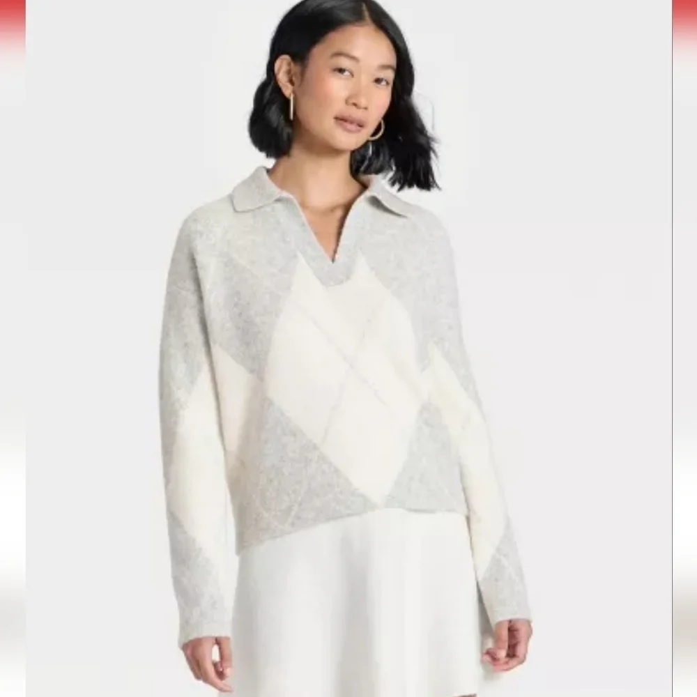 A New Day Gray Cream Argyle Knit Polo Sweater Medium